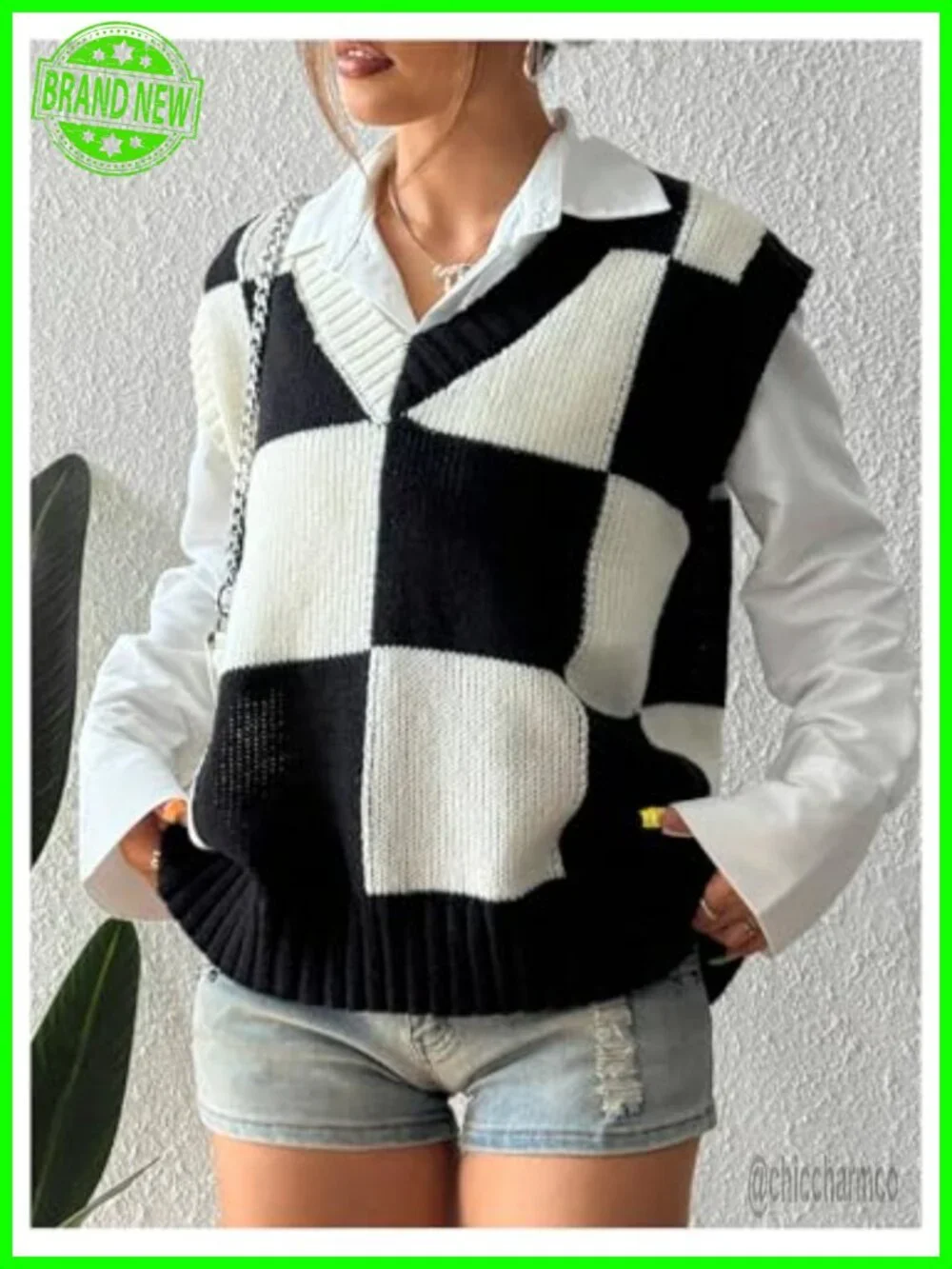 V-Neck Plaid Knit Sweater Vest Cap Sleeve Oversized